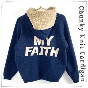 HANDMADE My Faith Logo Back Chunky Knit Zip Up Hoodie Cardigan Sweater Indigo